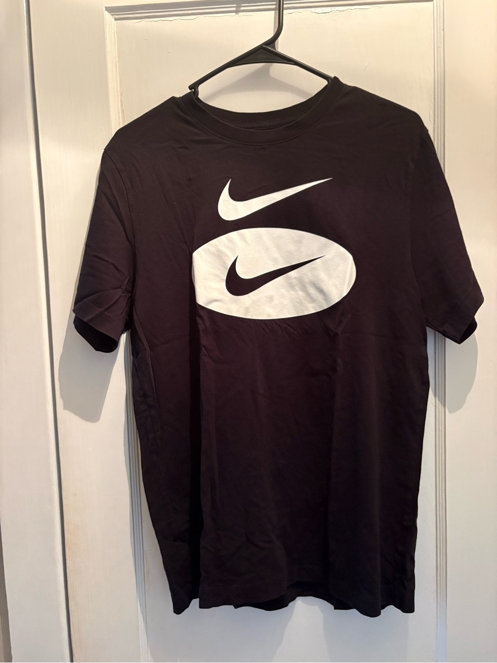 Nike Black Short-Sleeve T-Shirt with Large White Swoosh Logos-NEVER WORN